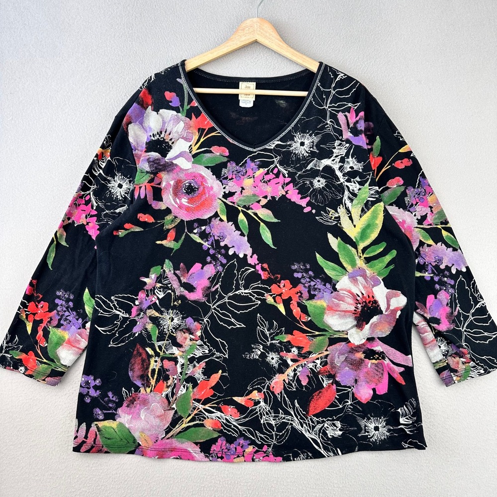 Jess &‎ Jane Evening Sonnet Top Womens 3X Black Floral V-Neck Lagenlook Tropical